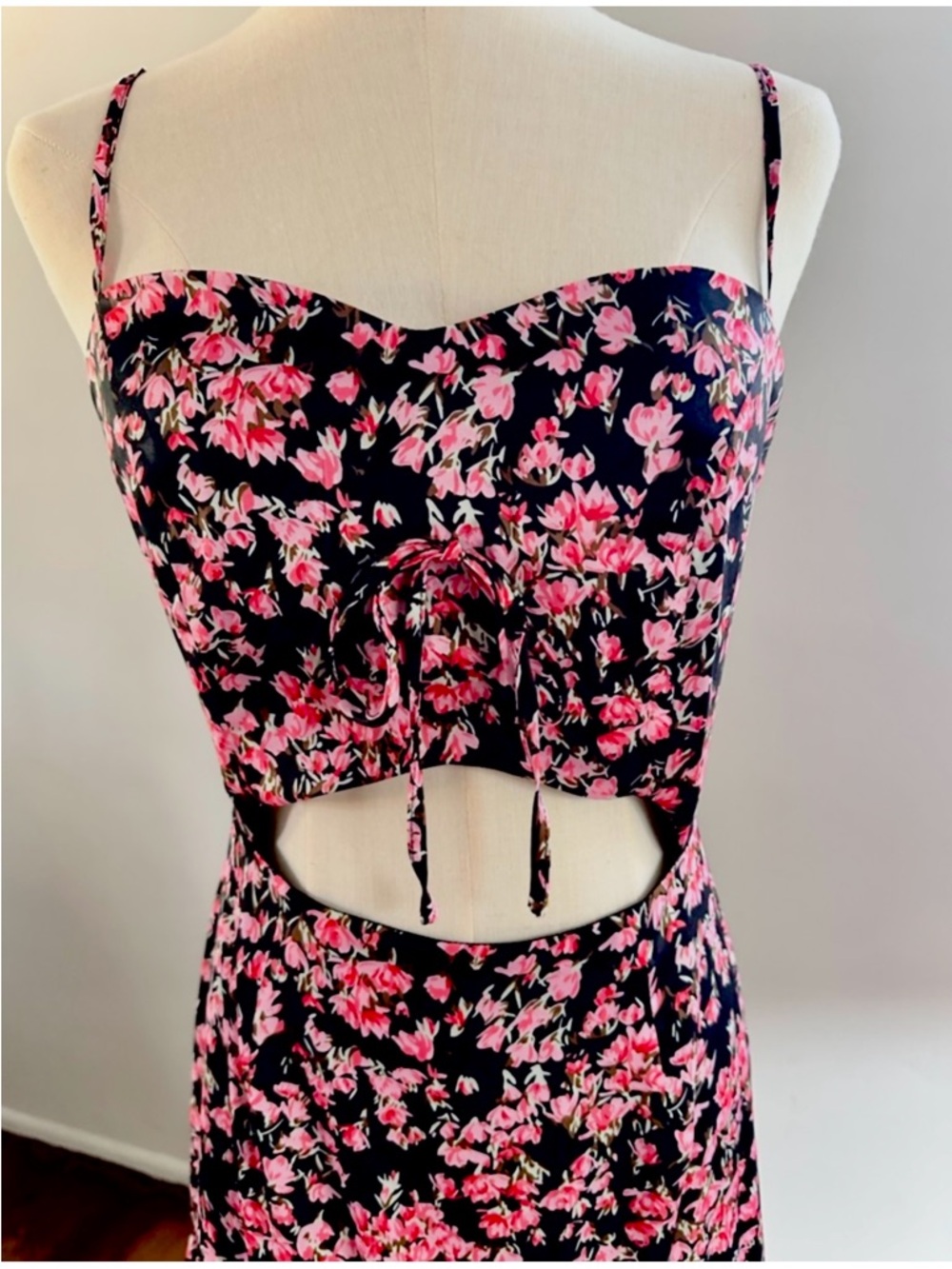 90s Black Pink Floral Cutout Maxi Dress Ruched Bust Tie Front Y2K Romantic Tiers